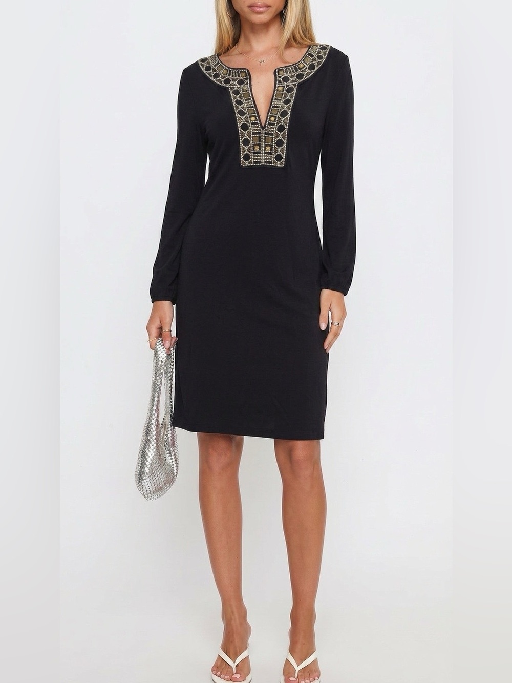 Tory Burch Black Midi Dress with Gold-Trim V-Neck